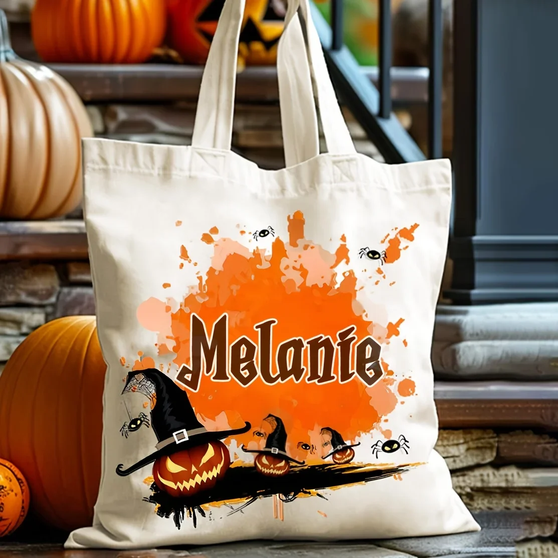 Custom Name Halloween Canvas Tote Bag Personalized Pumpkin Witch Hat Spider Print Reusable Shopping Shoulder Handbag