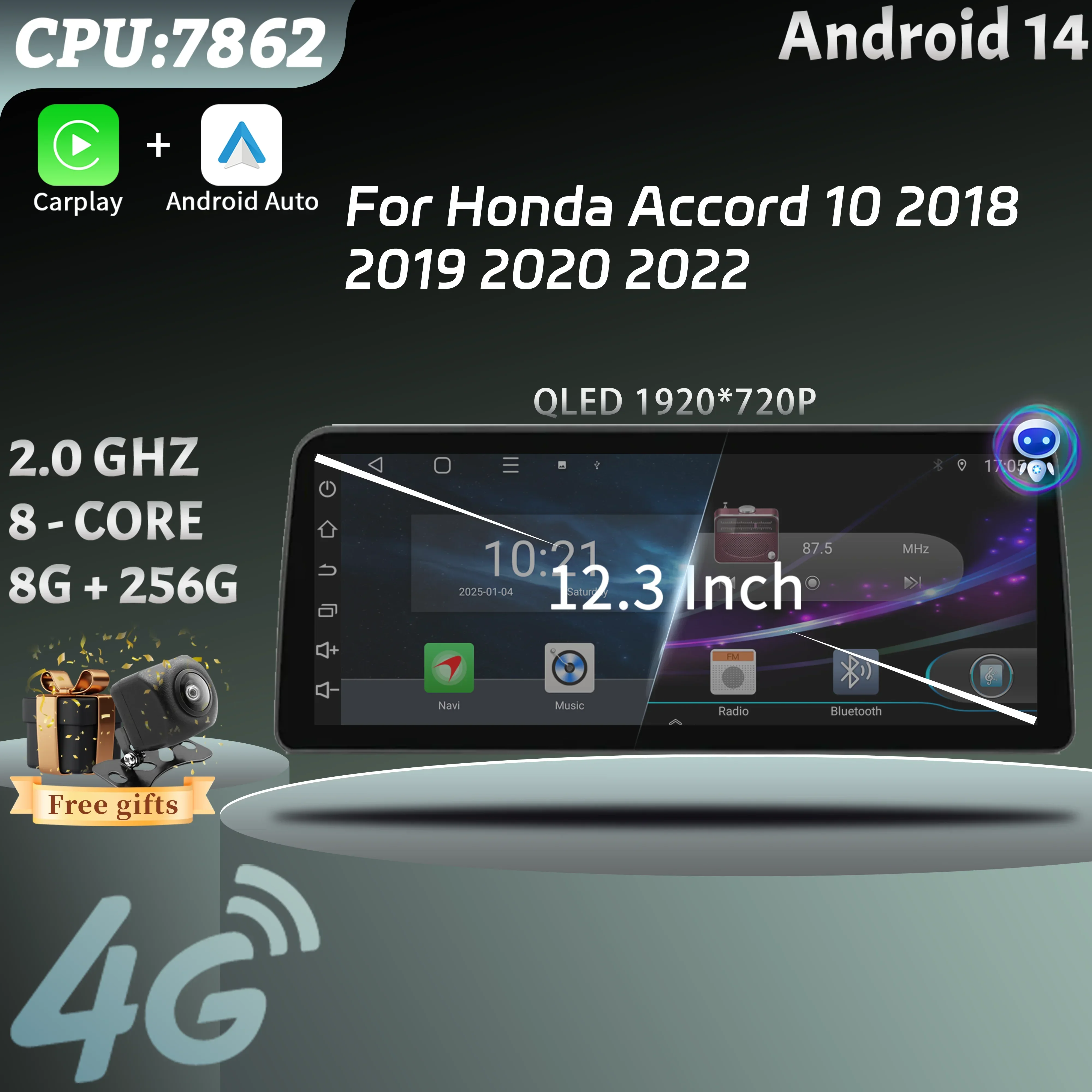 Android 14 12.3inch Screen For Honda Accord 10 2018 2019 2020 2022 Car Radio Multimedia Navigation 4G Wireless BT CarPlay Stereo