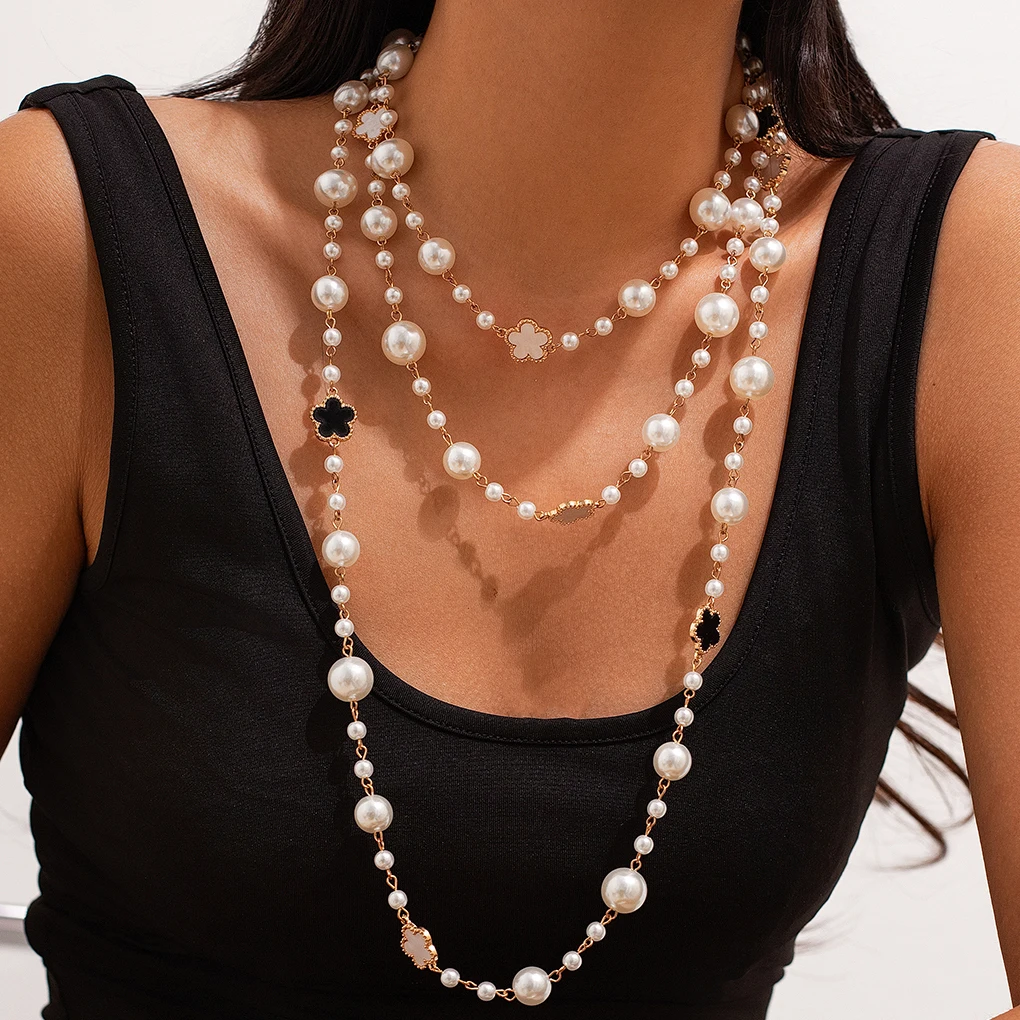 

PuRui Elegant Multilayer Imitation Pearl Neck Necklace for Women Flower Adjustable Long Chain Jewelry Aesthetic Wed Accessories