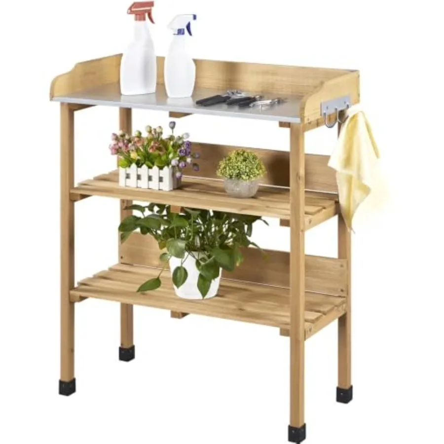 Outdoor Potting Bench Table with Storage Shelf, Wooden Garden Work Station with 2-Tier Shelves, Fir Wood Planting Table for Gar