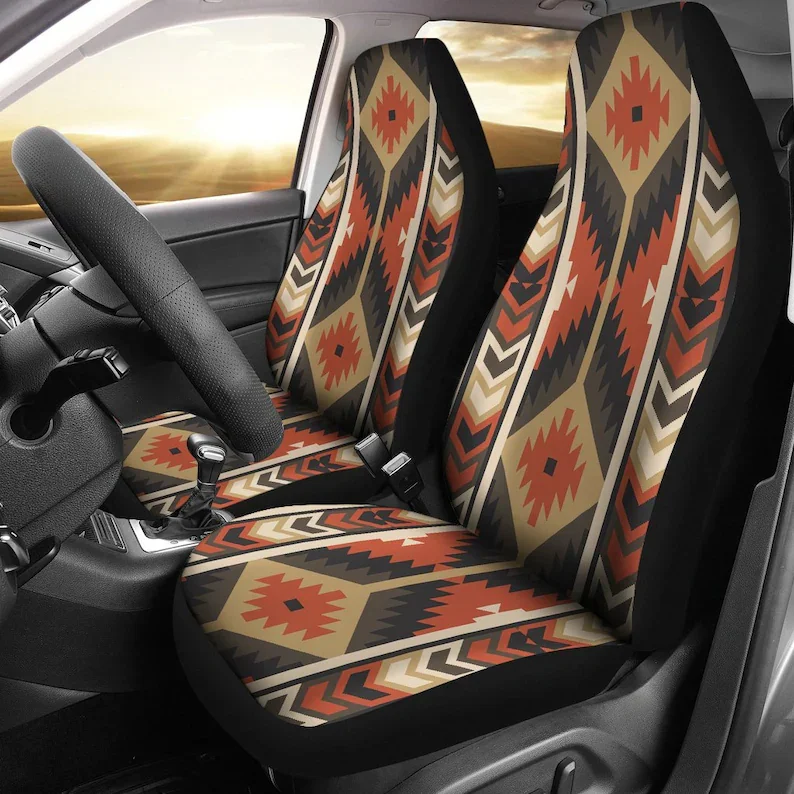 

Brown Beige Ethnic Aztec Boho Chic Bohemian Pattern Car Seat Covers Pair, 2 Front Seat Covers, Car Seat Protector, Car Accessori