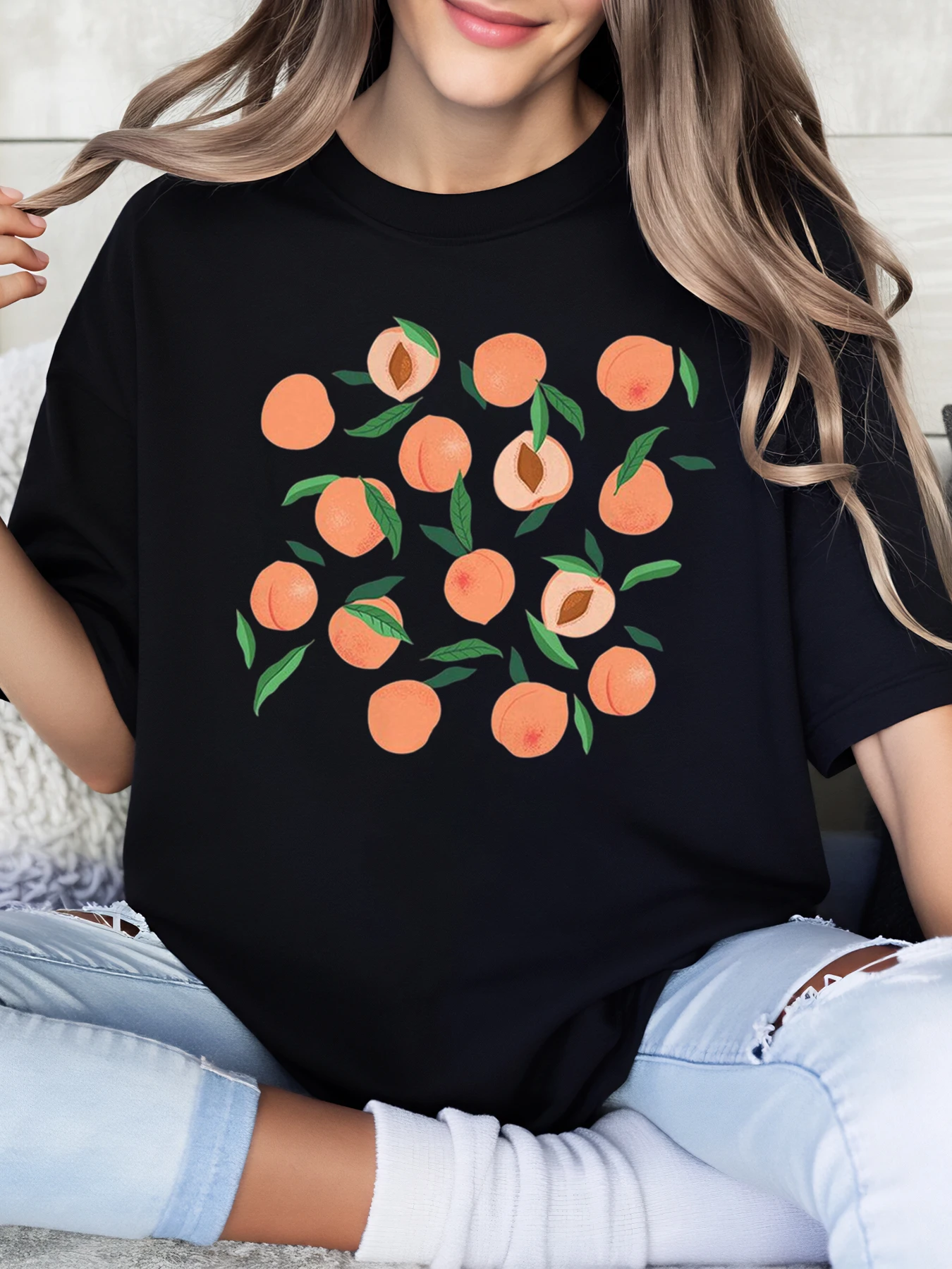 

Peach Fruit Print Summer Women Casual T-Shirt Plus-Size