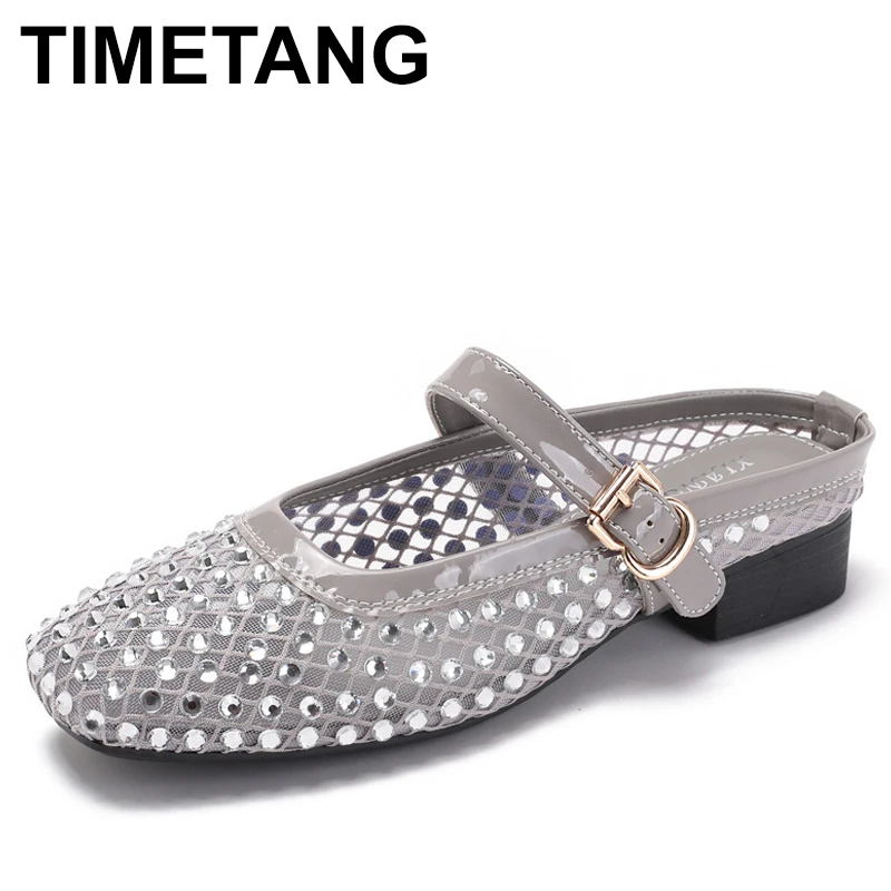 

Женская обувь с блестящими заклепками, сандалии принцессы из дышащей сетки с пряжкой, танцоры на плоском каблуке для детей-подростков