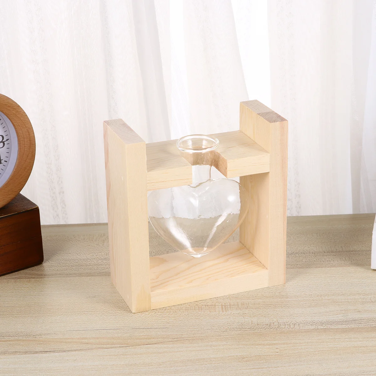 

1pc Heart-Shaped Original Wood Frame Glass Vase Hydroponic Planter For Home Decor Flower Arrangement Terrarium Log Color
