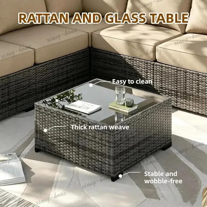 FG High Quality 5 Pieces Outdoor Patio Furniture Set, All Weather Grey PE Rattan Sectional Sofa Conversation Set with Tempered G