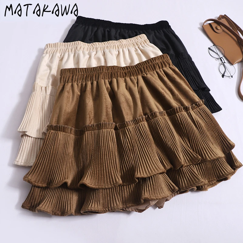 

Matakawa Women Skirts Solid Velvet Autumn Winter Ruffles Vintage Faldas Mujer Korean Fashion A-line High Waist Mini Skirt