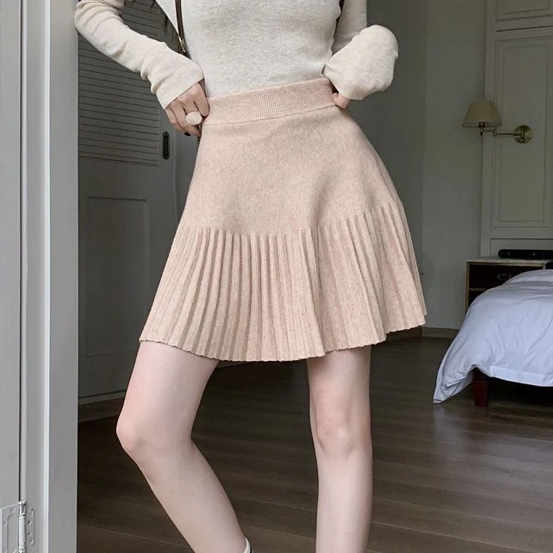 Preppy Style Knitted Pleated Skirt Autumn Winter Streetwear Mini Skirts Women High Waist A-line Short Skirt