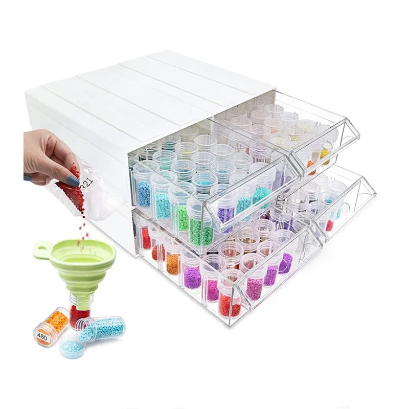 

CHENISTORY Diamond Painting Accessories Storage Box Round Bottles 32 Grids Mosaic Container Drawer With Funnels