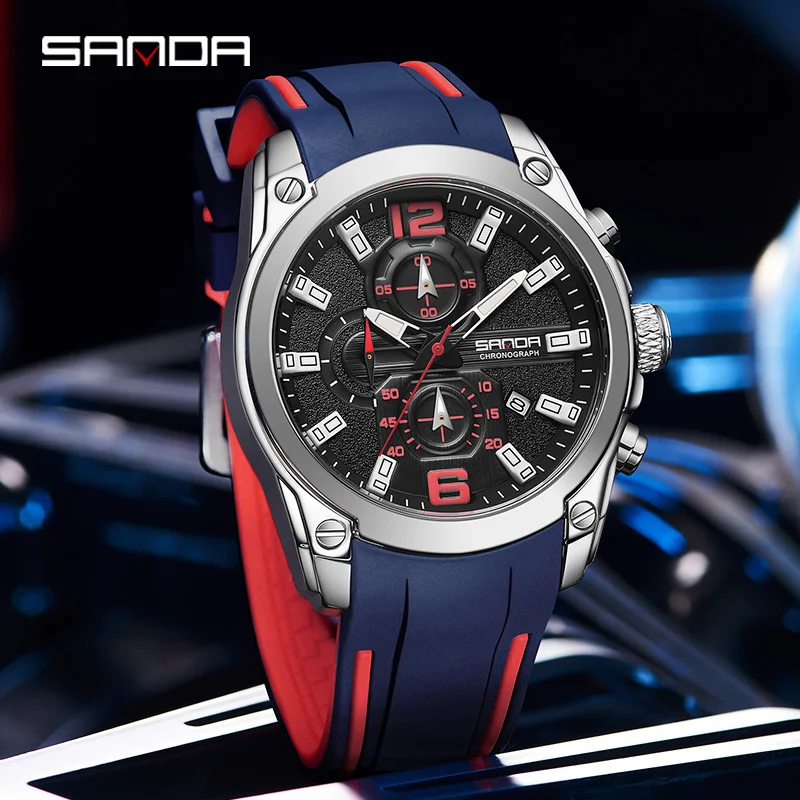 Imagem -05 - Sanda-homens Impermeável Azul Borracha Militar Relógio de Pulso do Exército Auto Data Chronograph Relógio do Esporte Top Brand Luxo 5305 Novo