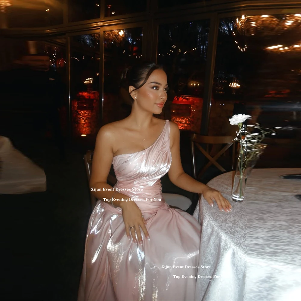 

Xijun Luxury Pink Silk Satin Evening Dresses One Shoulder A-Line Sleeveless Prom Dresses Formal Corset Prom Gowns Customized