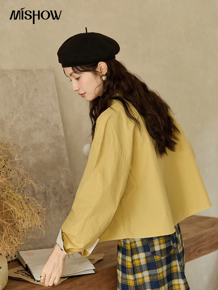 MISHOW 100 Cotton Yellow Shirt for Women 2024 Autumn Loose Casual Polo Collar Cardigan Top Contrasting Cuffs Shirts MXD47C0353