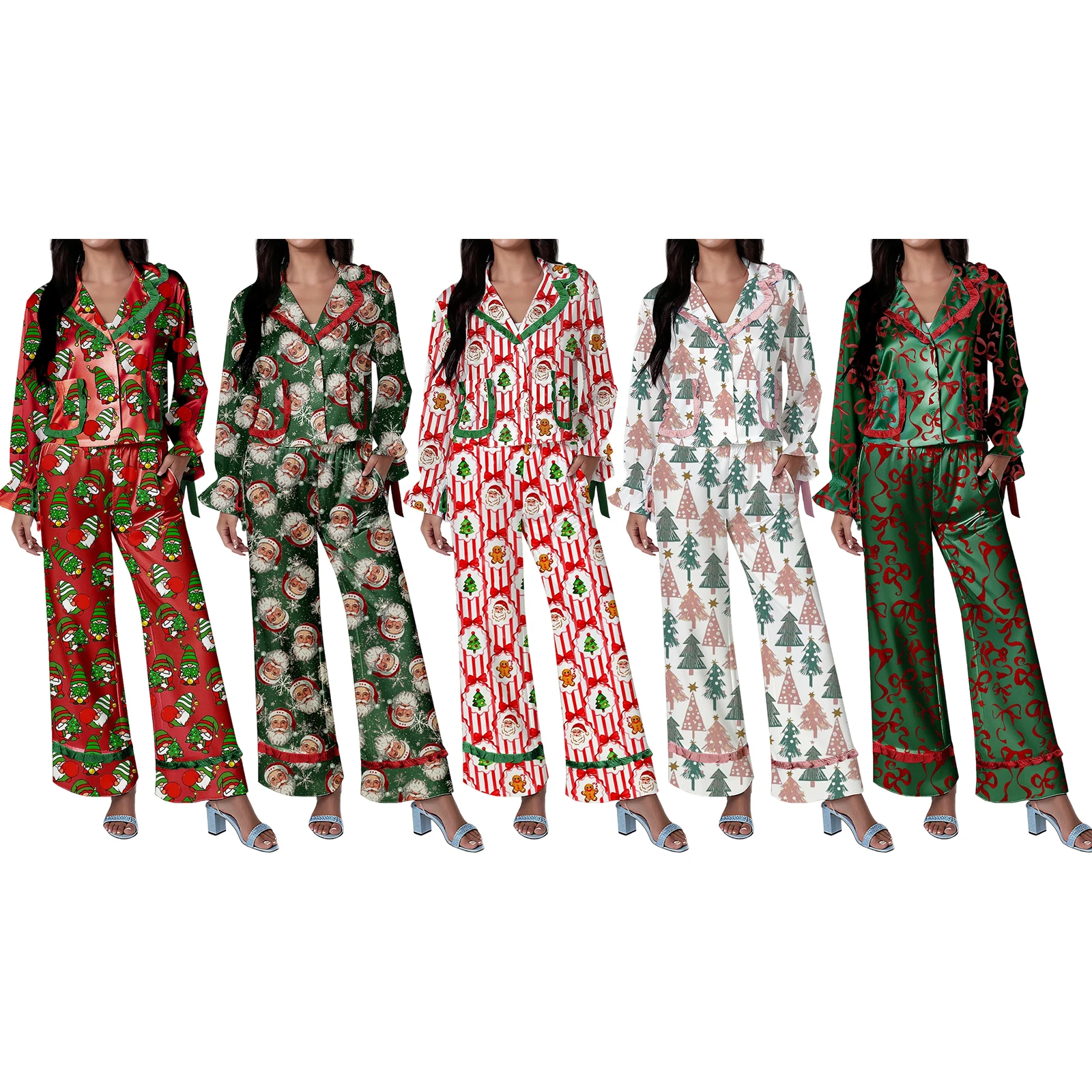 Women Christmas Pajama Sets Santa Claus/Bow Striped Print Lapel V Neck Long Sleeve Button Shirts Tops Pants 2pcs Soft Sleepwear