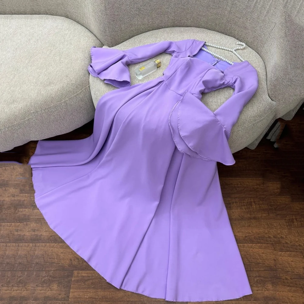 Elegant Lilac Evening Dresses Square Neck Long Flare Sleeves Prom Gowns Pleat Ankle Length A-Line Party Dress فساتين السهرة