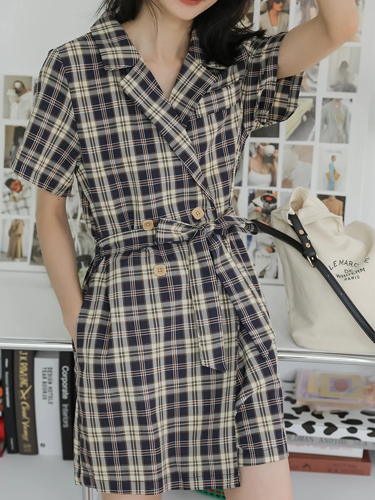 Vintage Baggy Playsuits Women Summer High Waist Plaid Jumpsuit Shorts Suits with Sashes 2022 New