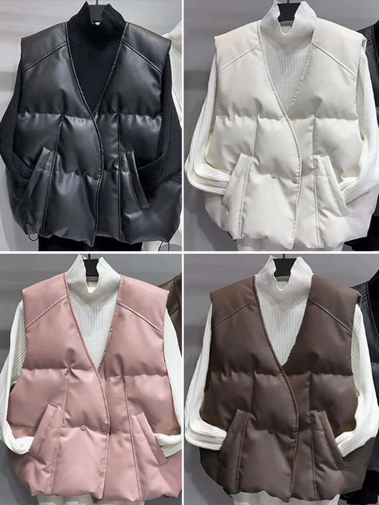 plus Size Autumn Winter Sleeveless PU Leather Vest Fashionable Slimming Short Outerwear for Small Stature Women Straight Cut ...