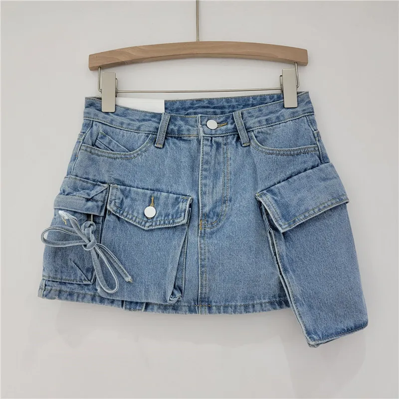 Denim Skirts Women Streetwear Cargo Skirt Multiple Pockets High Waist Stretch Washed Y2k Distressed 2025 Summer Vintage A Line