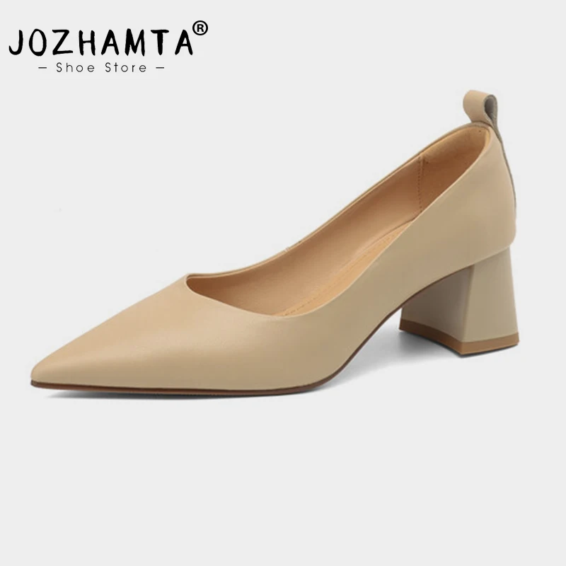 JOZHAMTA Size 34-43 Real Leather Women Pumps Pointy Toe Chunky High Heels Shoes 2025 Spring Fashion Office Lady Dress Shoes