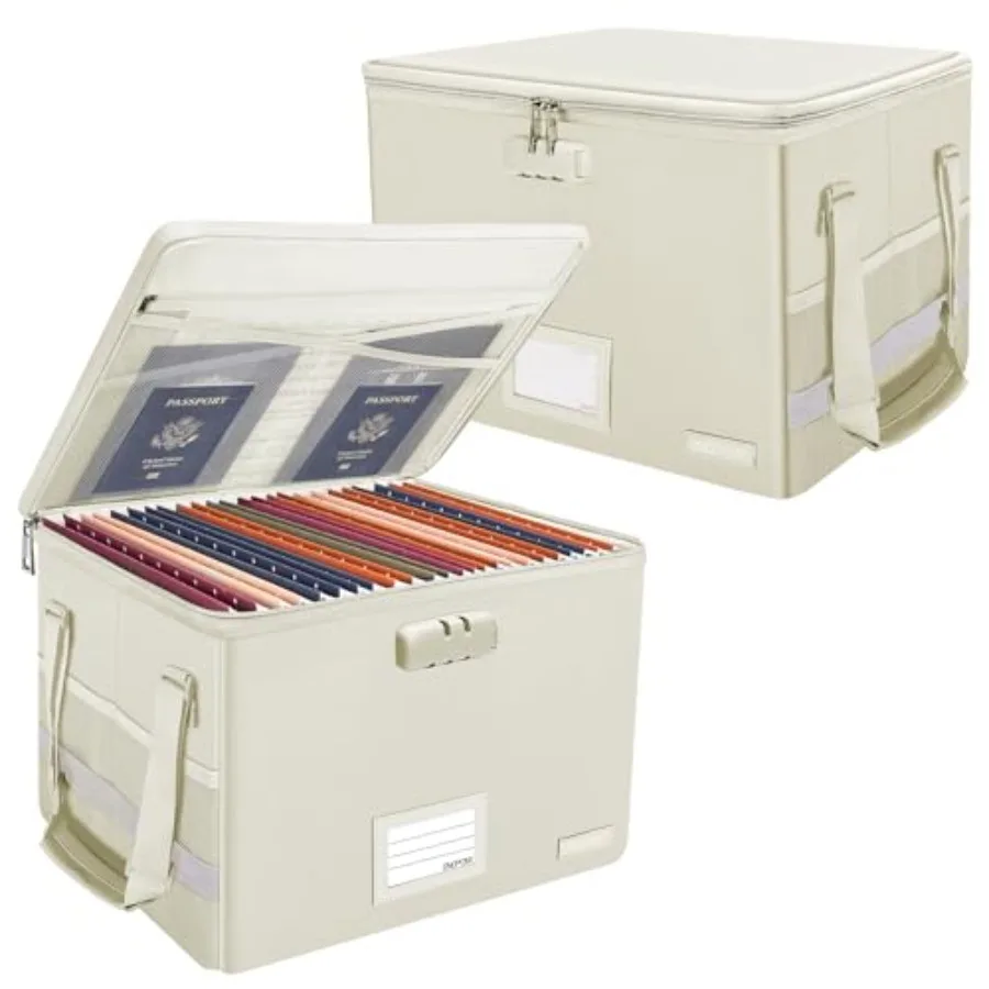 

File Box with LockFireproof Document Box with Zipper Lid Collapsible File Storage Organizer Filing Cabinet with Handles Portabl