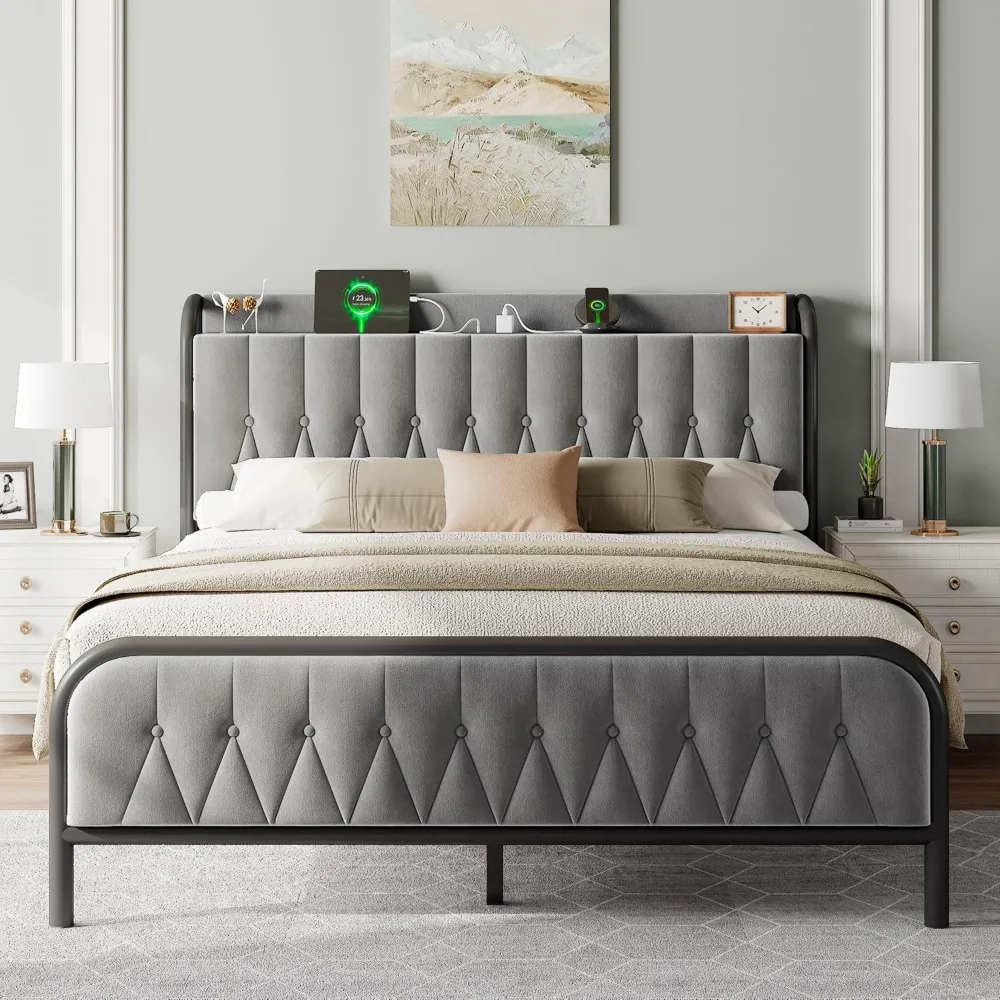 

Velvet Queen Bed Frame with Charging Station, Platform Bed with Upholstered Storage Headboard & Footboard, 12" Underbed Space, N