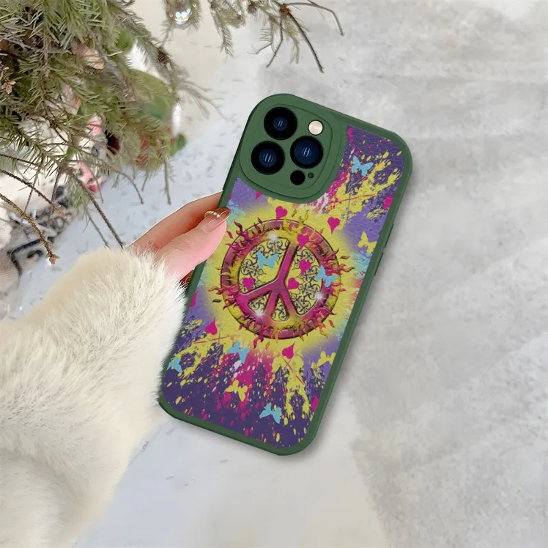 Hippie Psychedelic Art Peace Phone Case Green For IPhone 11 13 14 12 Pro Max Mini Xs X Xr 7 8 Plus SE2020 Leather Silicone Coque