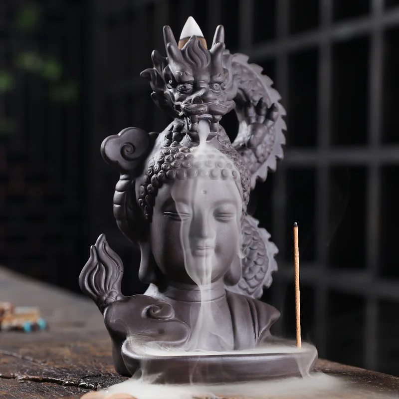 

1pc Elegant Purple Clay Dragon & Buddha Backflow Incense Burner - Aromatherapy Ornament with Waterfall Design, Zen Home Decor