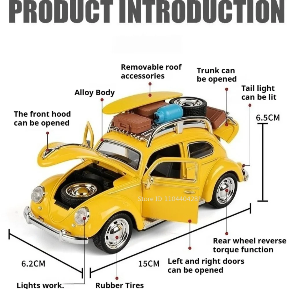 1:32 Beetle Miniature Toys Car Diecast Alloy Model Rubber Tire Doors Opened Sound Light Pull Back Cars Classmate's Birthday Gift
