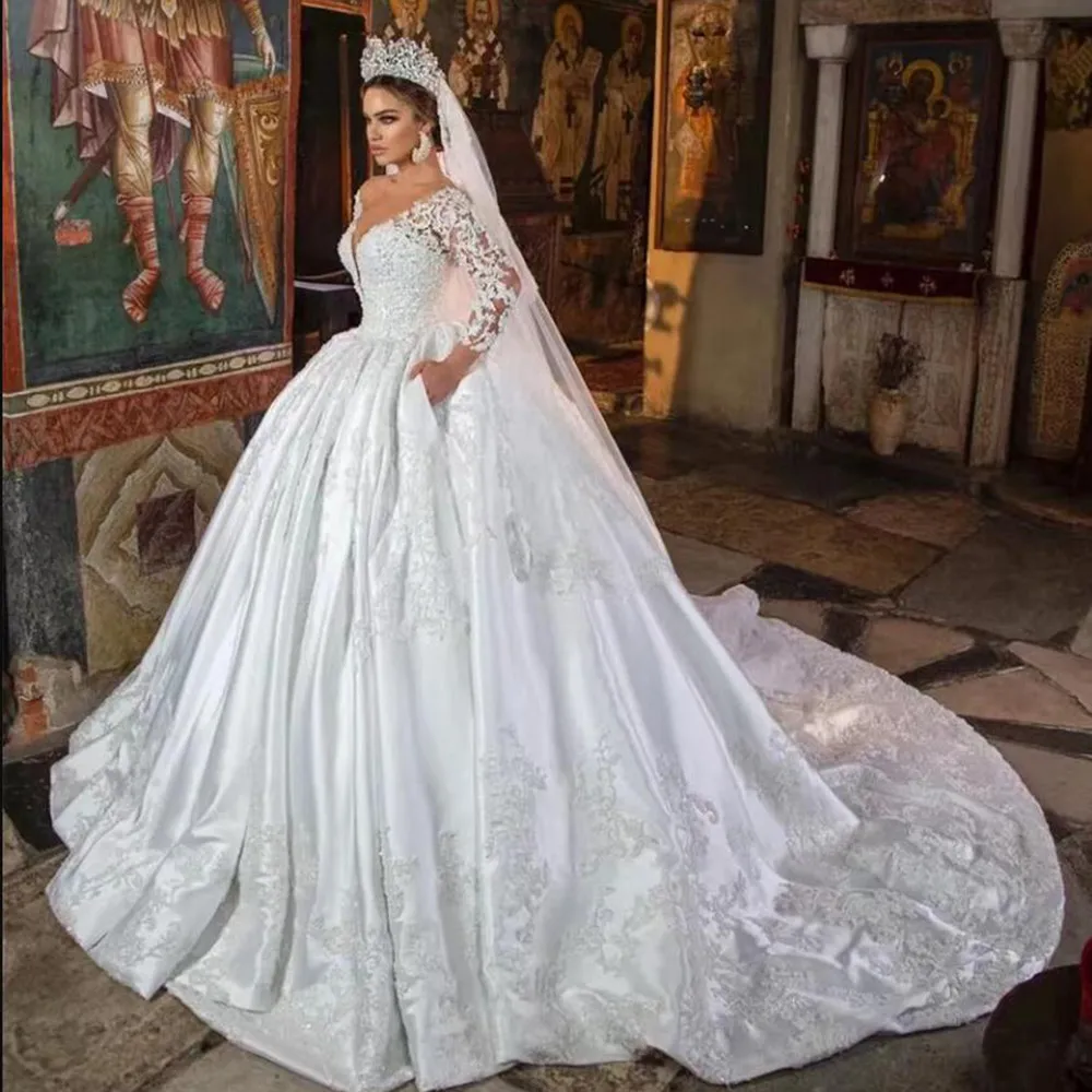 Arabic Aso Ebi Princess Ball Gown Wedding Dresses Long Sleeves O Neck Appliques Beaded Bridal Gowns Custom Made Women Clothing