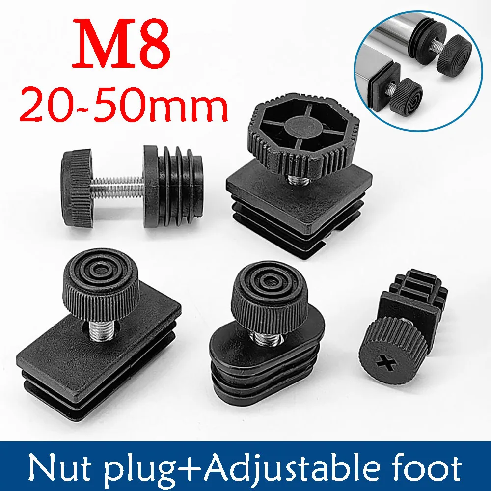 

M8 Black Round / Square Plastic Pipe Plugs Adjustable Screw Foot Pad Furniture Leg Cover End Caps 20 22 25 28 30 32 35 40 50mm