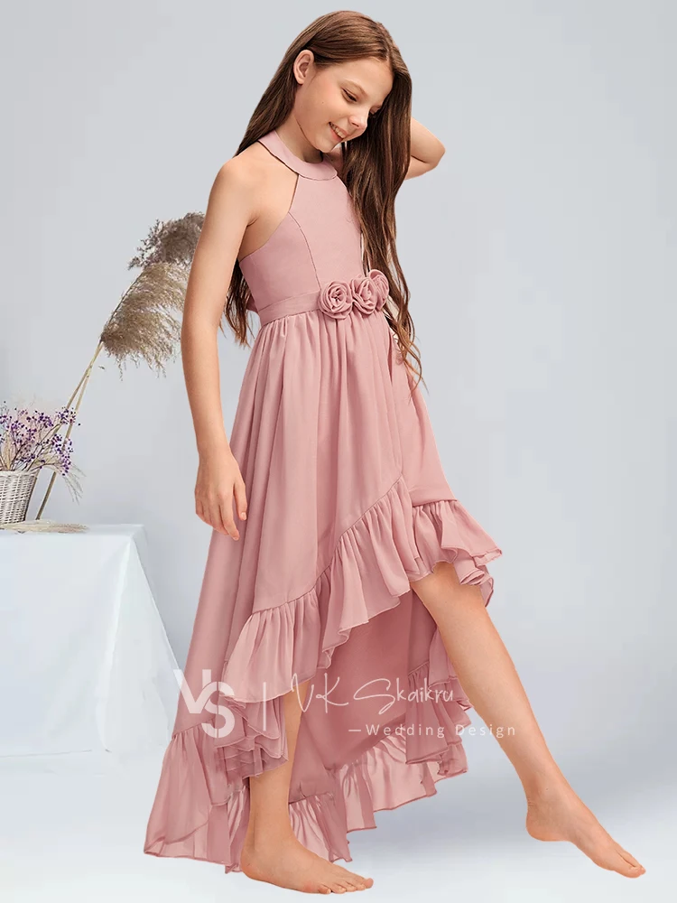 A-line Halter Asymmetrical Chiffon Junior Bridesmaid Dress With Flower Cascading Ruffles Blush Flower Girl Dress Wedding Summer