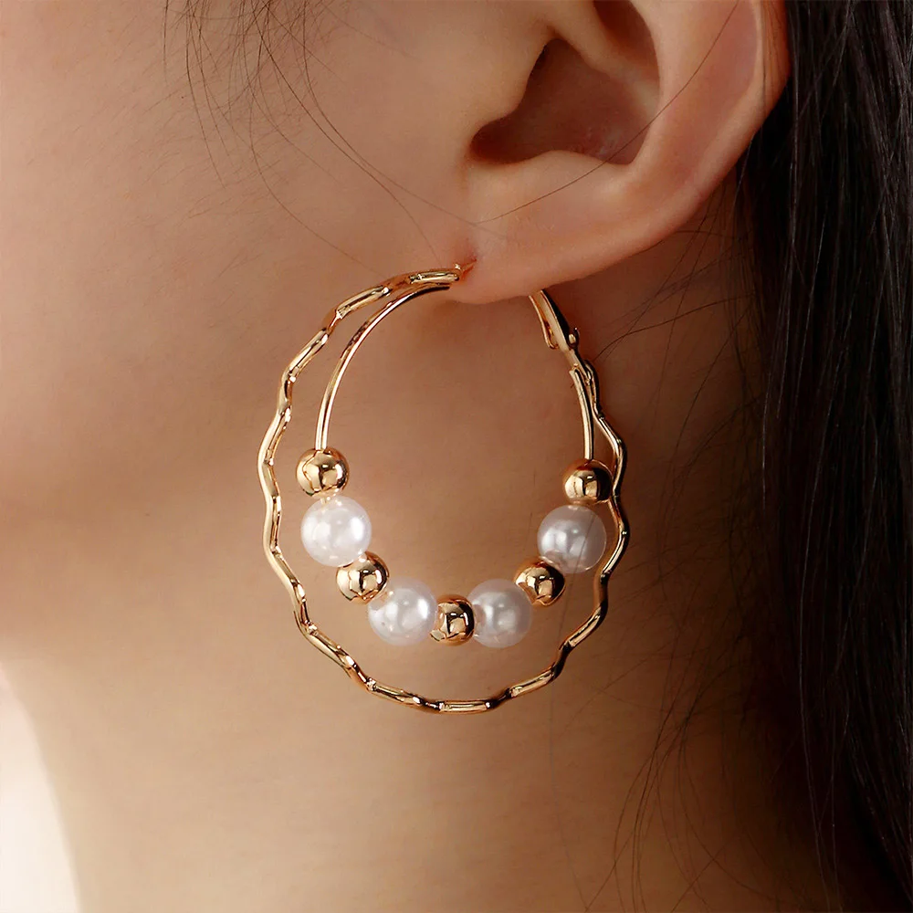 BLIJERY New Fashion golden metal pearl beaded hoop earrings luxury trendy temperament double layer earrings for women jewelry