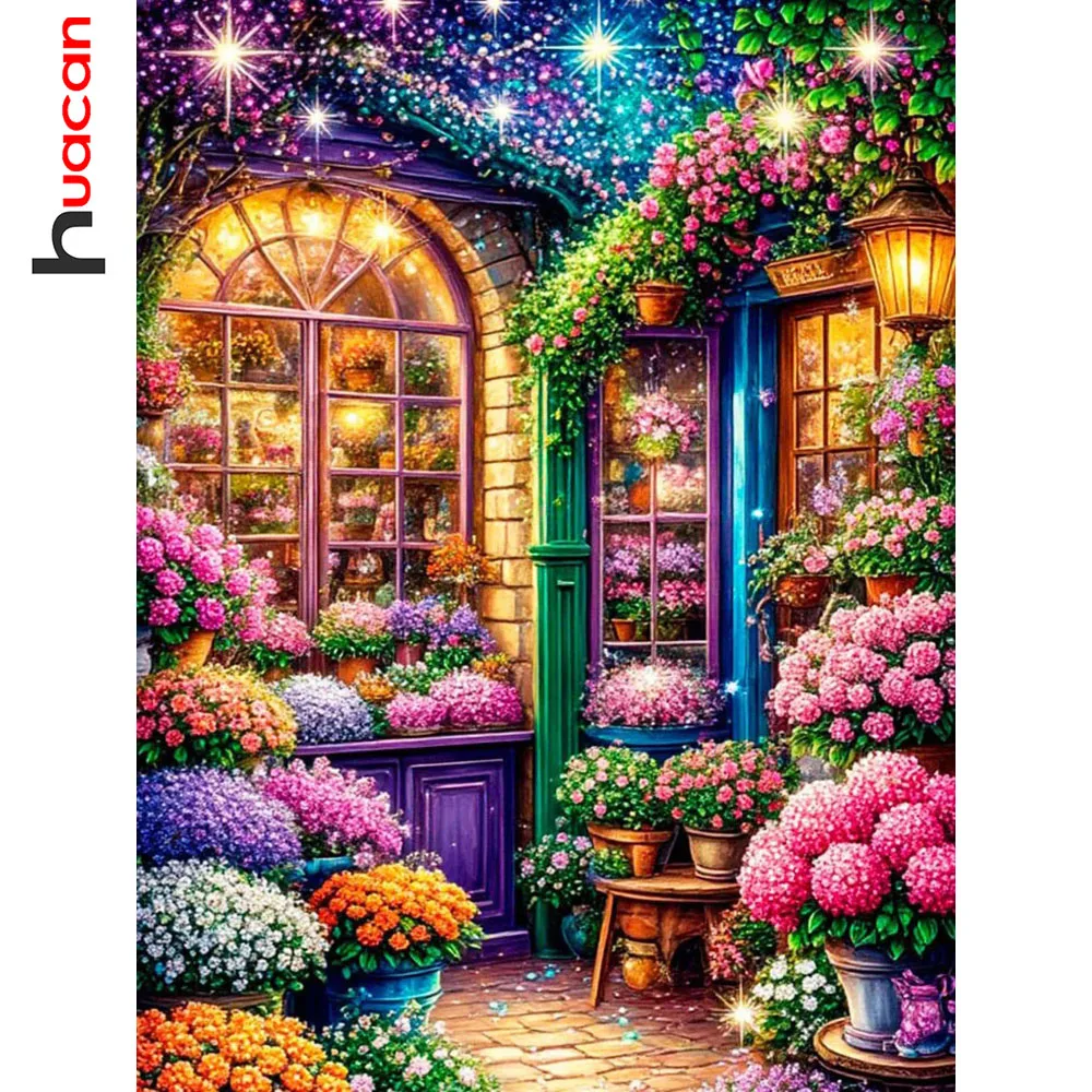 Huacan DIY Diamantmalerei Blumenladen am Straßenrand Diamantstickerei Landschaft Komplettset Dekorative Gemälde