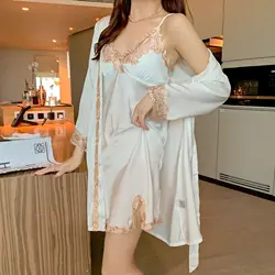 Lace Sleepwear Women Short 2PCS Kimono Robe Set Sexy Bathrobe Gown Intimate Lingerie Casual Satin Nightgown Home Clothing