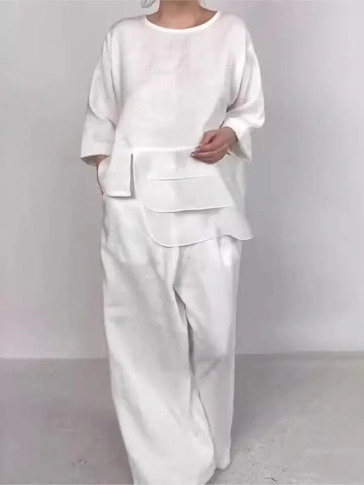 

Fashion Pants Set Long Sleeved O-neck Layered Design Top Wide Leg Trousers 2 Piece Sets Autumn Solid Color Loose Casual Outfits