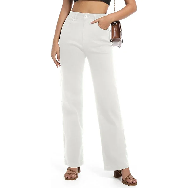 الإناث مريحة مستقيم الساق الجينز المرأة بسط فضفاض الصلبة الدنيم السراويل سيدة موجزة البيج الرمادي عالية الخصر بنطلون رخيصة