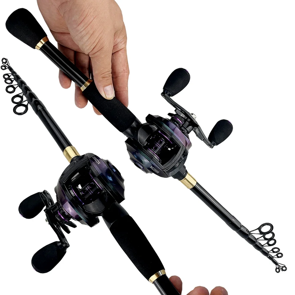 New Telescopic Fishing Rod Reel Combo1.6-2.4m Carbon Fiber Spinning/Casting Rod Left / Right Handle Baitcasting Fishing Reel Kit