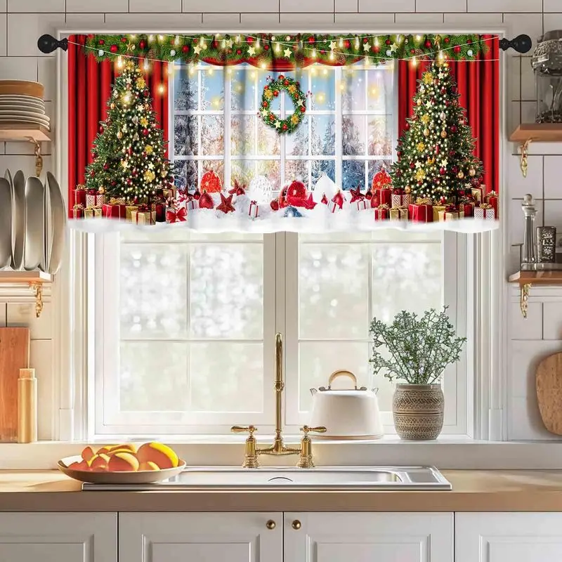 VIKAMA Christmas Window Valance Barn Door Xmas Tree Gift Snowman Buffalo Plaid for Kitchen Holiday Window Curtain Decor