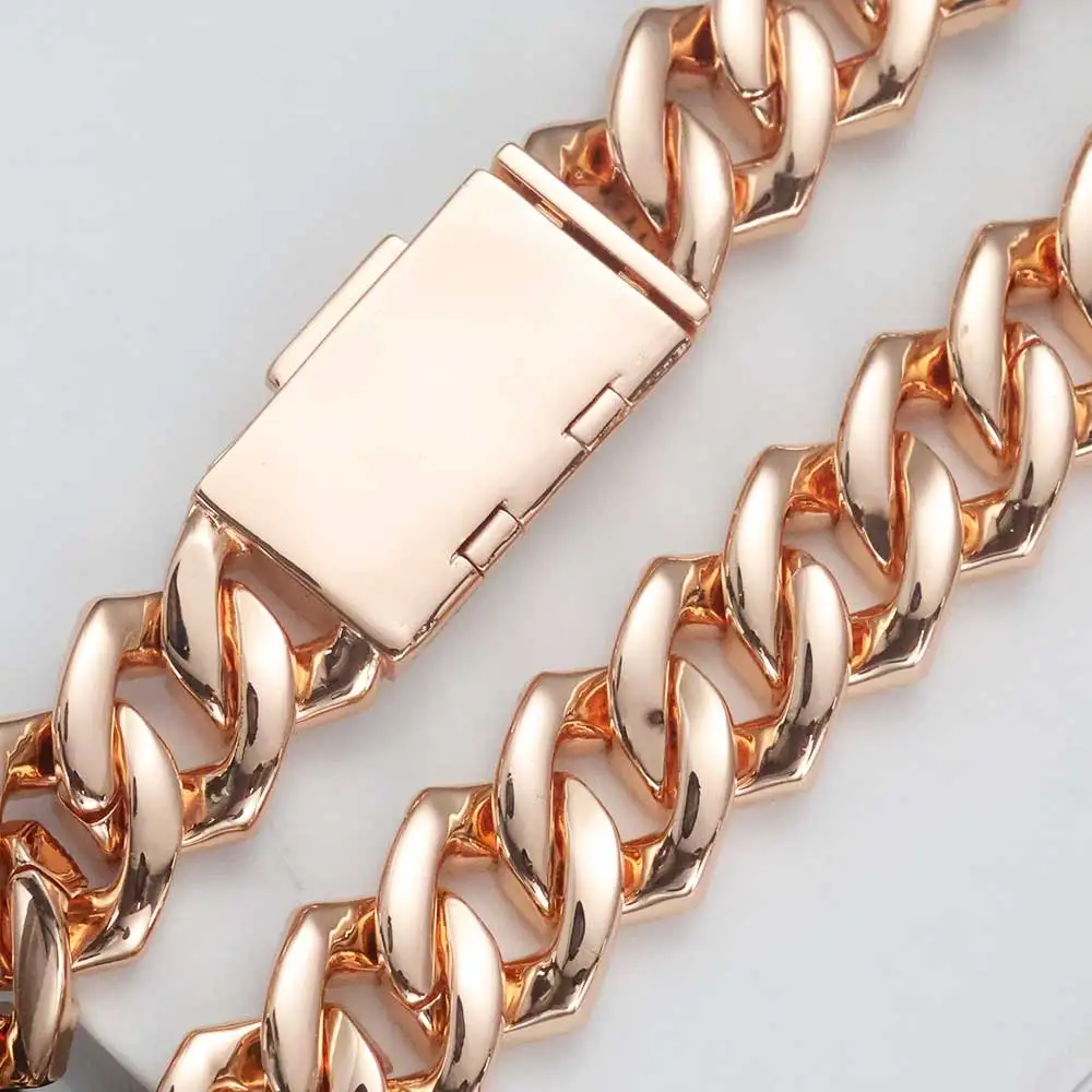 Rose Gold-Plated Women's Bracelet Hip Hop Cuban Chain 15mm 4 Rows Shining Cubic Zirconia Chain Men's Festival Jewelry