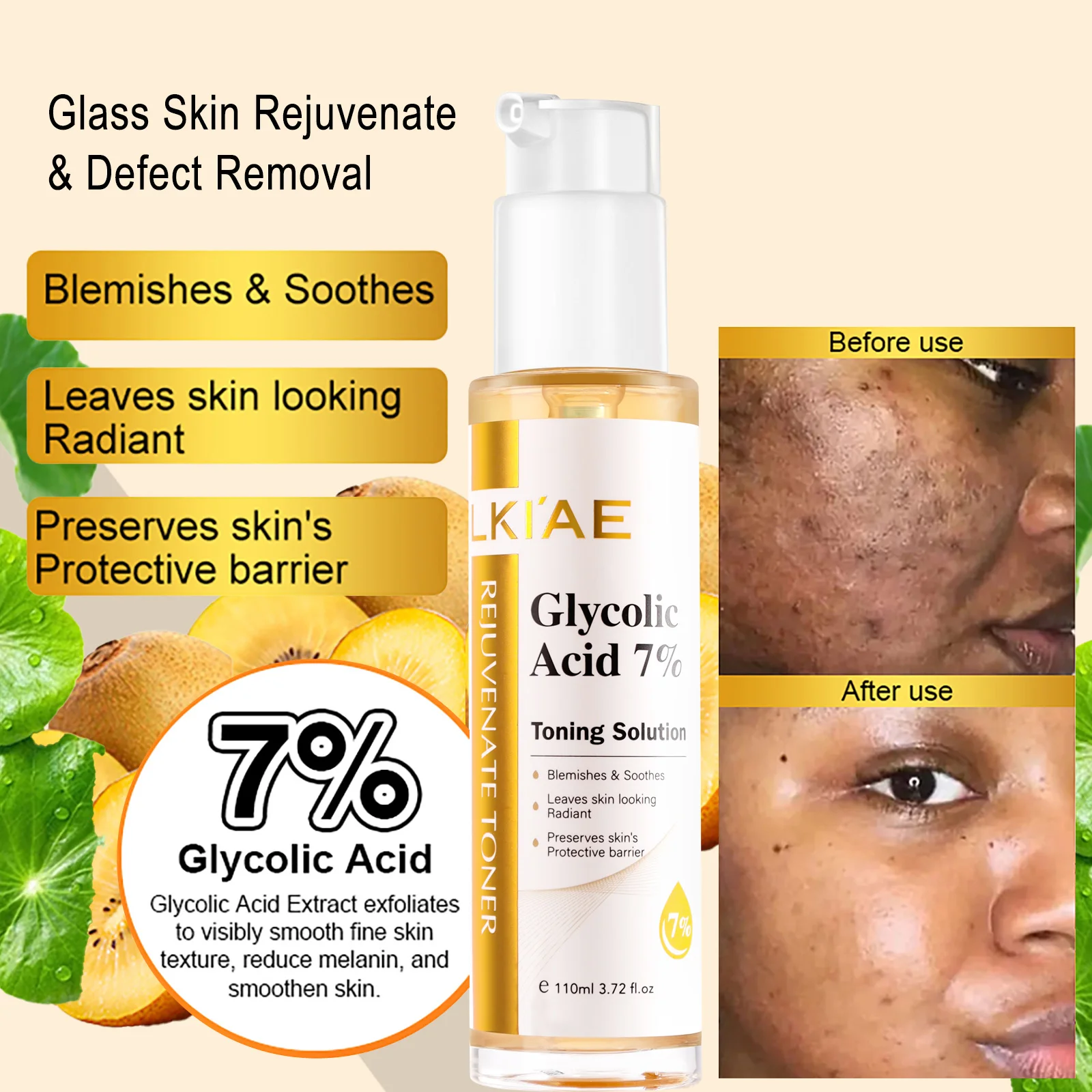 LKIAE Rejuvenesce creme facial de dia e noite, iluminando, hidrata profundamente, cria pele com textura de vidro, com 7% de ácido glicólico