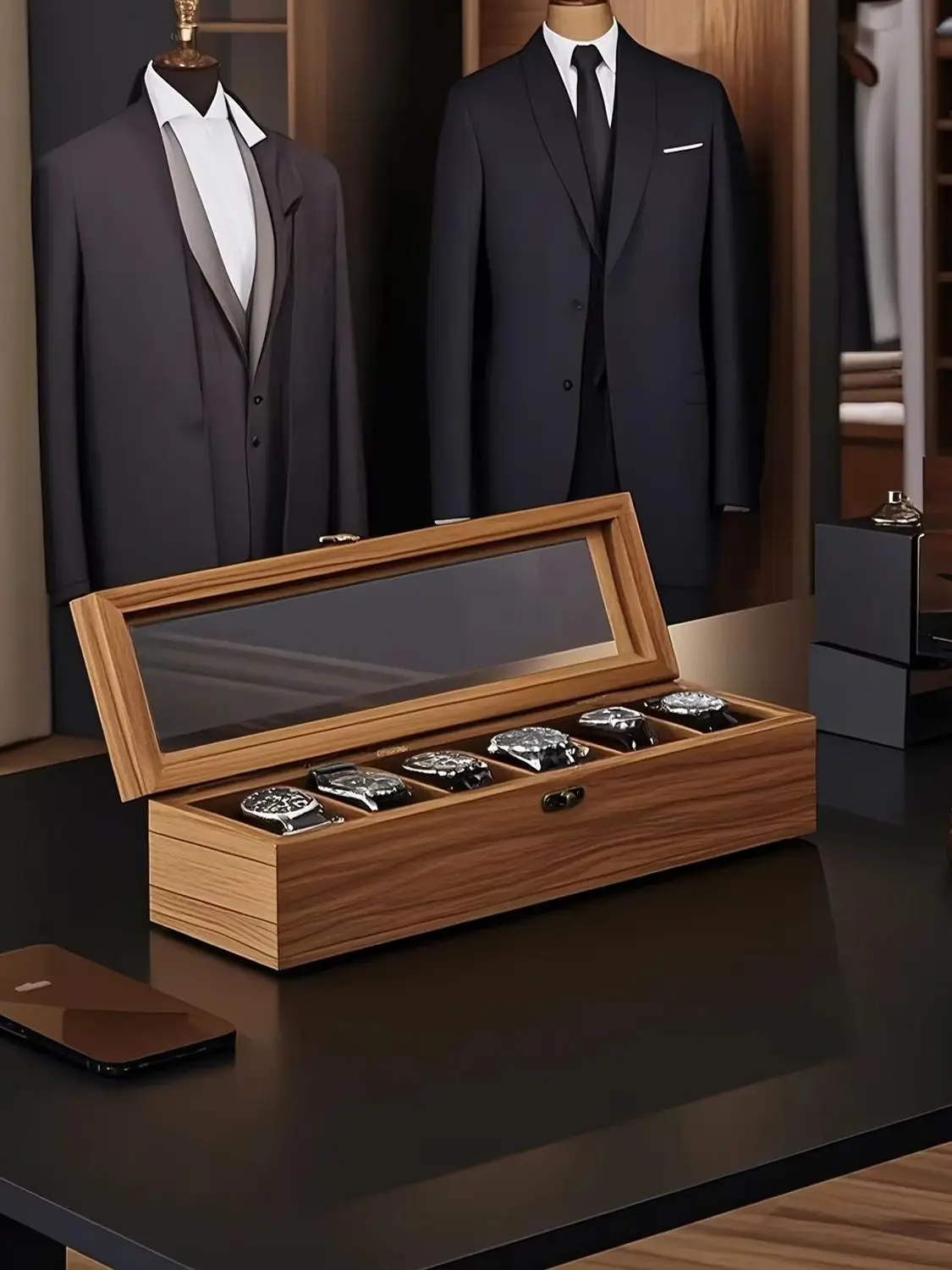 SONGMICS Uhrenbox mit 6 Fächern, aus Massivholz, mit Glasdeckel, hellbraun