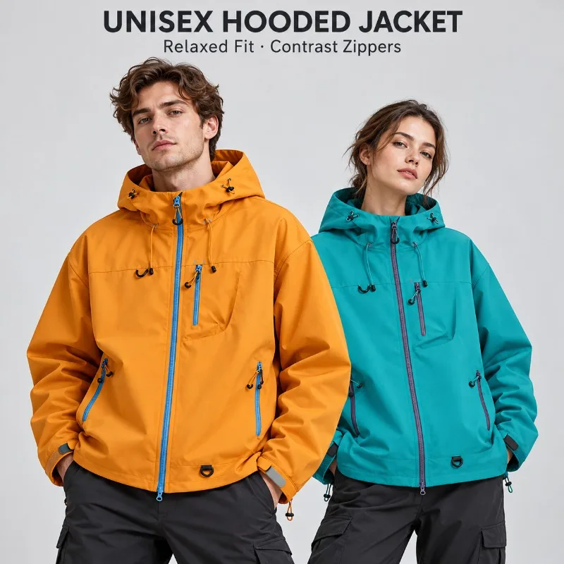 Unisex Hooded Jacket Men Women Loose Fit Windbreaker Contrast Zip Casual Outdoor Coat with Pockets S-3XL