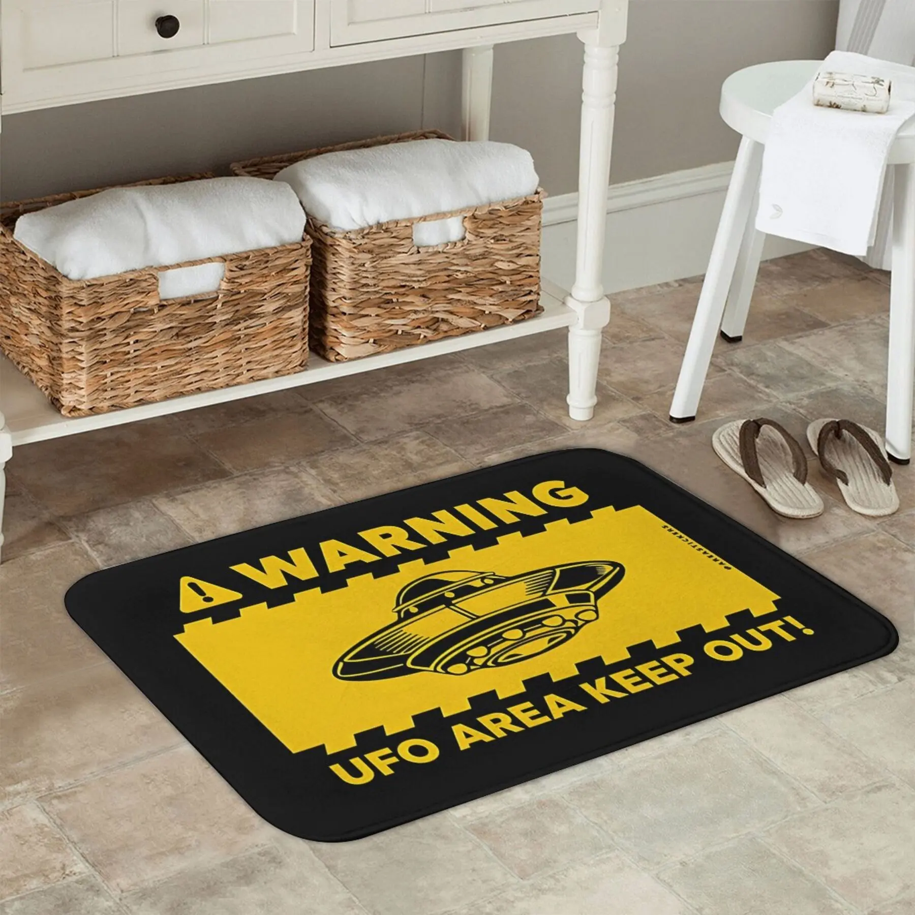 UFO Area Keep Out Warning Graphic Rug Non-Slip Polyester Indoor Outdoor Mat