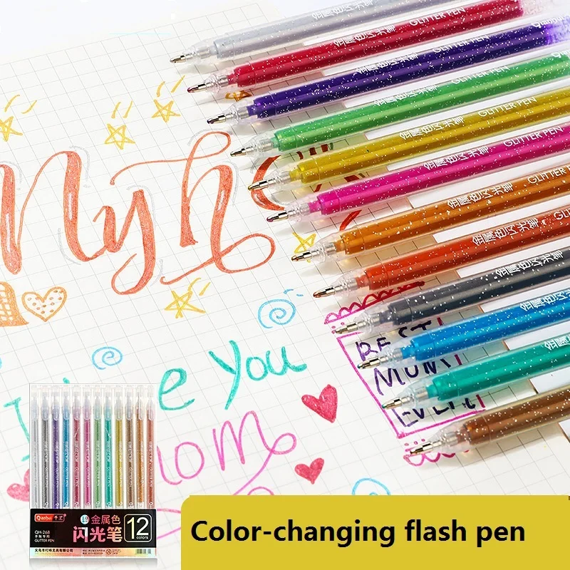 Zoecor Kawaii 12 Colors/Set Glitter Gel Pens Flash Fluorescent Pen for School Art Student Markers Doodling Office Book Journals