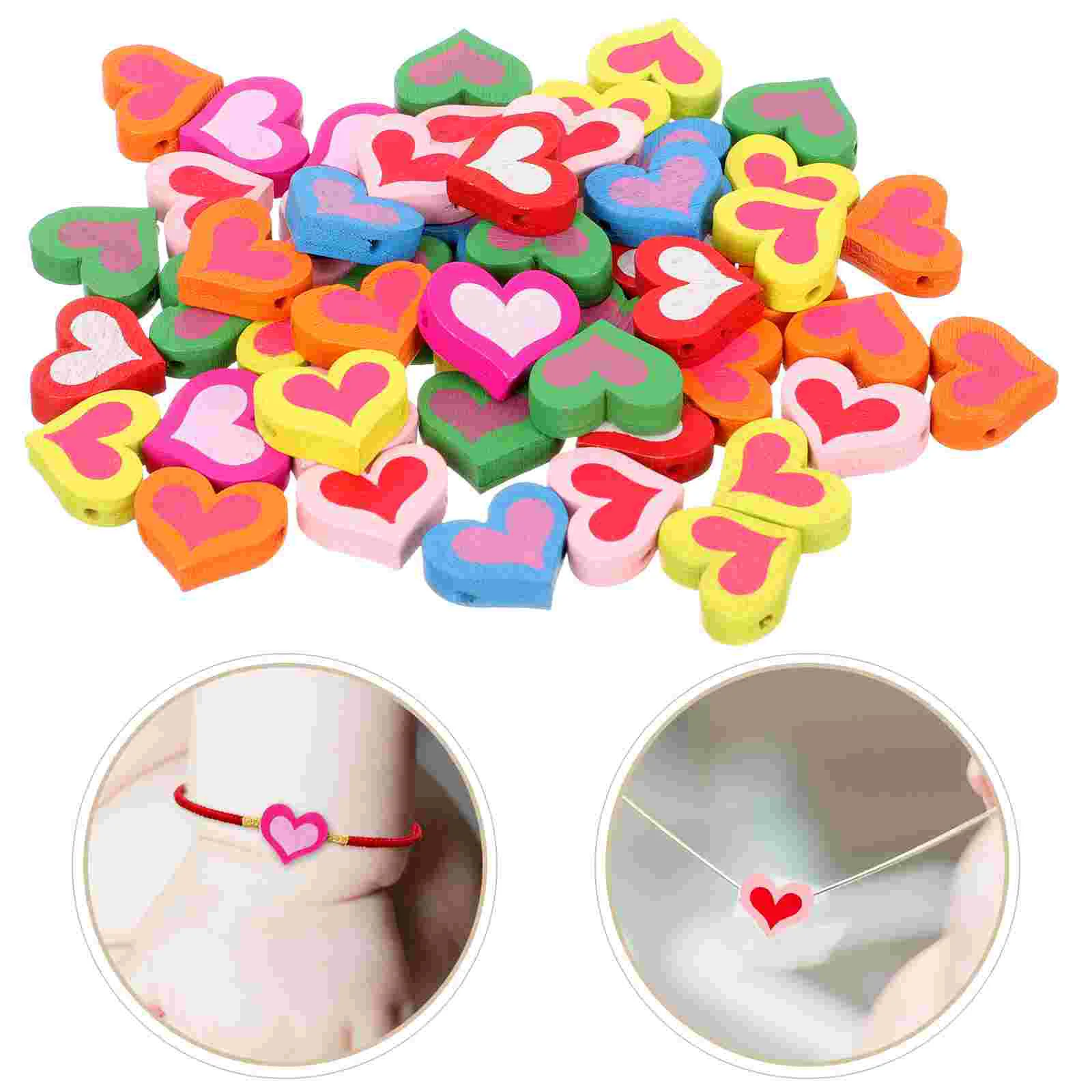 

50 Pcs Heart Charm Bracelet Love Wood Chips Decor Beads for DIY Craft Decorate Child