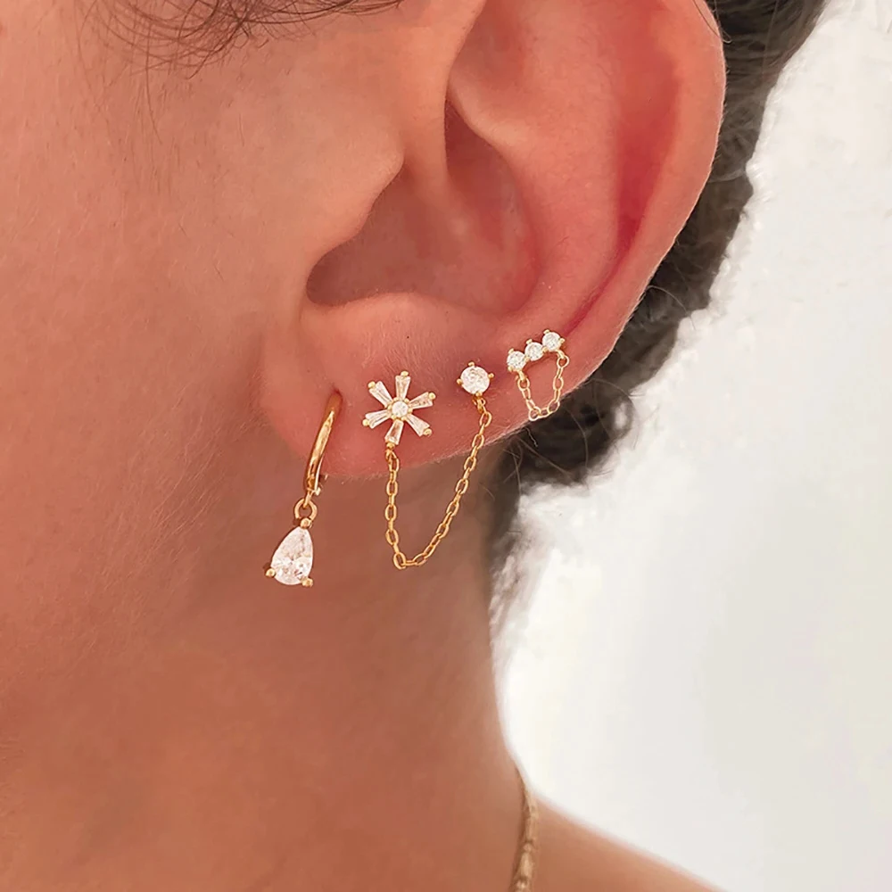 3PCS Fashion Crystal Water Drop Pendant Hoop Earrings Set for Women Double Helix Tassel Chain Ear Stud Earring Piercing Jewelry