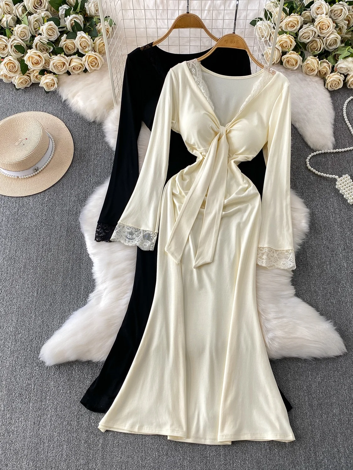 

Сексуальное кружевное длинное платье V-Ne, женское осенне-зимнее платье трапециевидной формы с высокой талией и поясом Ci Commute, подходящее женское платье