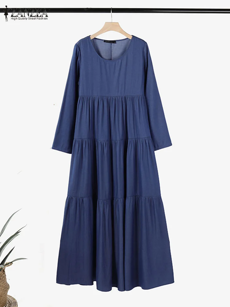 2025 ZANZEA Women Spring Vintage Long Sleeve Ruffles Maxi Dress Autumn Solf Denim Sundress Casual Loose Solid Vestido Robe Femme