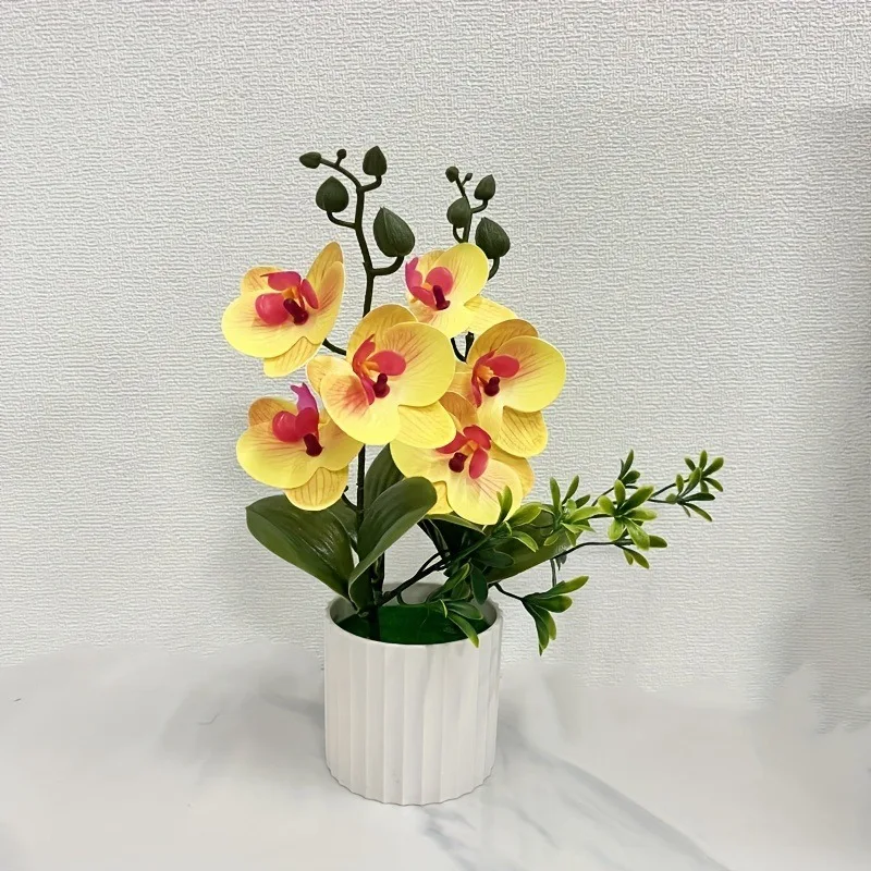 Künstlicher Orchideen-Schmetterlings-Doppelbündel mit 6-Blüten, Topfpflanzenfolie, realistisches Grün, Szenen-Setup für die Innenfotografie – Detail 8