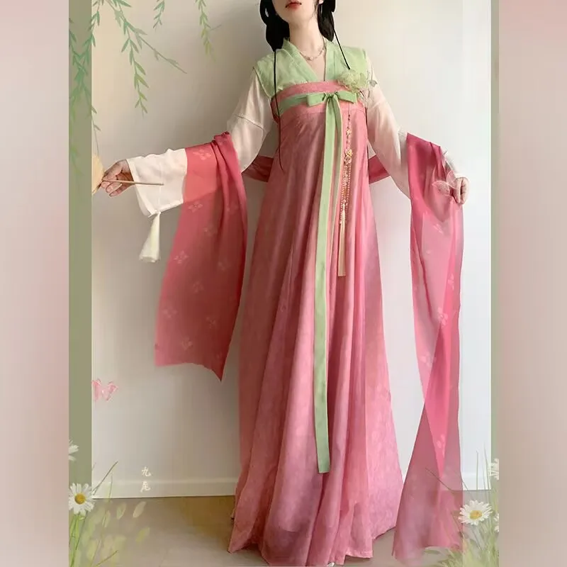 

2025 Spring Hanfu Dress Women Chinese Vintage Green&Pink Hanfu Dress Female Stage Cosplay Costume Party Outfit Plus Size