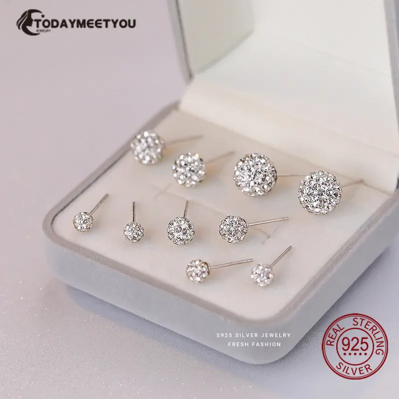 High Quality 925 Sterling Silver Rhinestones Crystal Ball Stud Earring Bead Jewelry 10mm 8mm 6mm Stud Earring For Female Jewelry