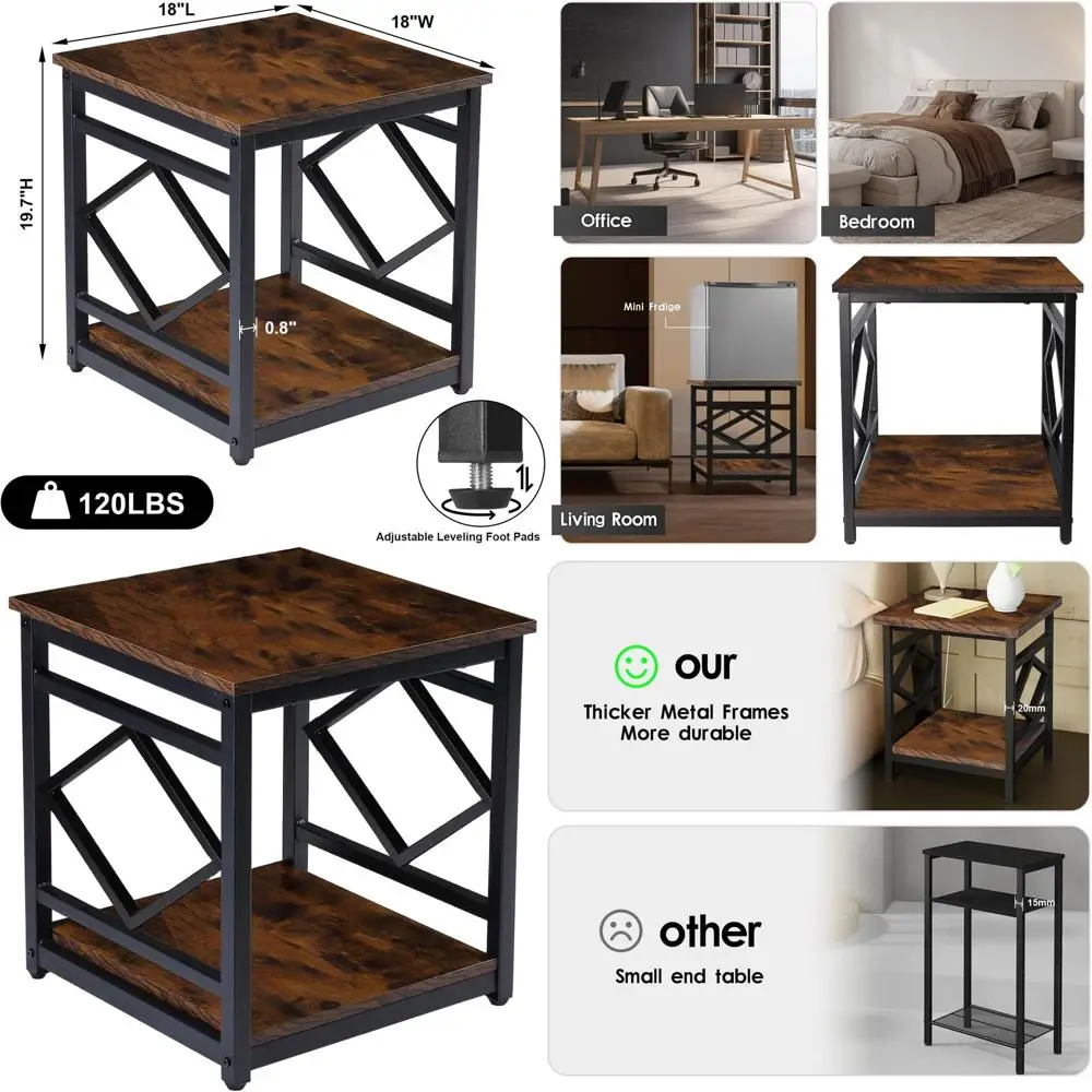 

Large-Capacity 18 Rustic Industrial Side Table with 2-Tier Storage for Mini Fridge, Beverages, Dorms, Apartments, Offices, and B
